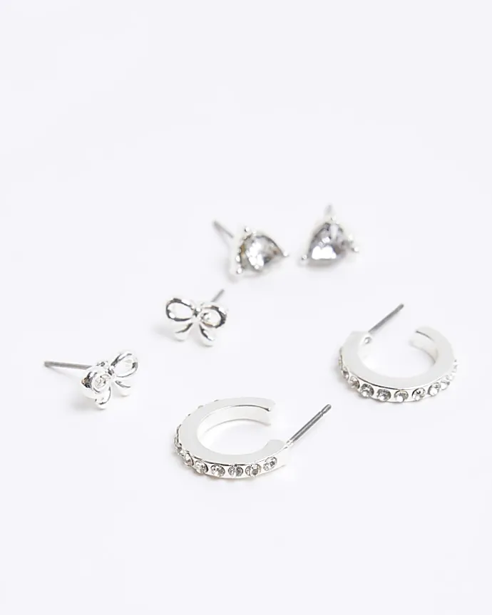 Silver stud and hoop earrings 9 pack