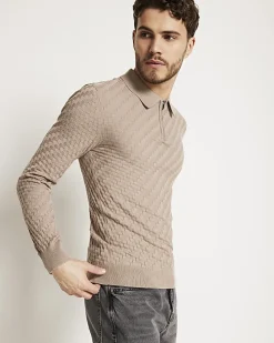 Stone muscle fit zig zag knit polo