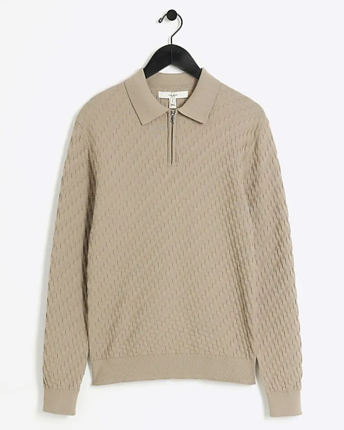 Stone muscle fit zig zag knit polo