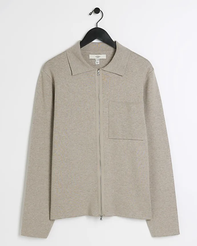 Stone regular fit knit zip up jumper