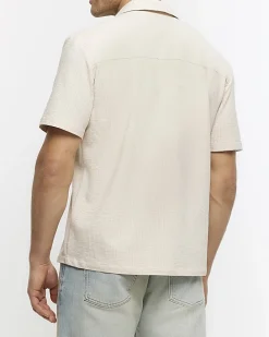 Stone regular fit seersucker revere shirt