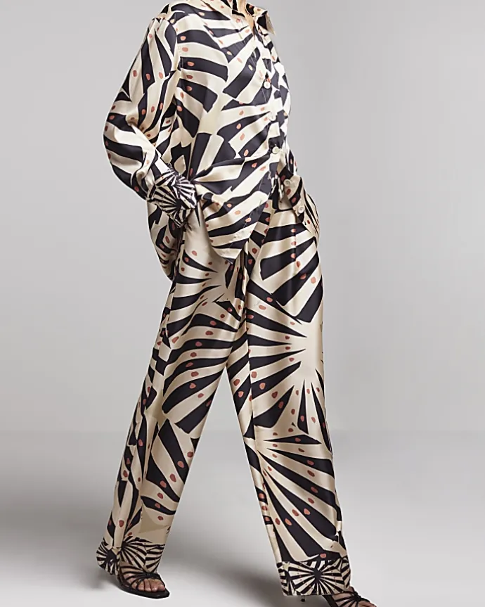 Stone satin stripe wide leg trousers