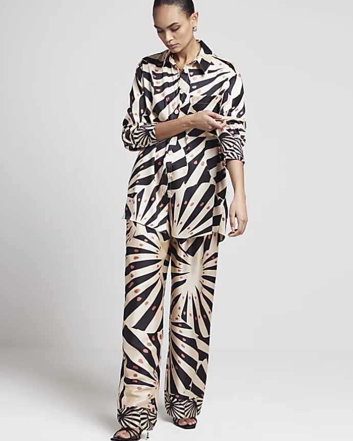 Stone satin stripe wide leg trousers