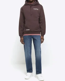 Washed brown regular fit graphic hoodie