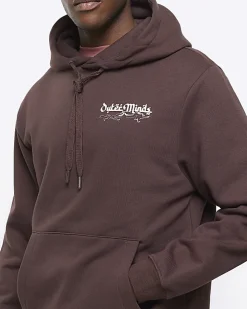 Washed brown regular fit graphic hoodie