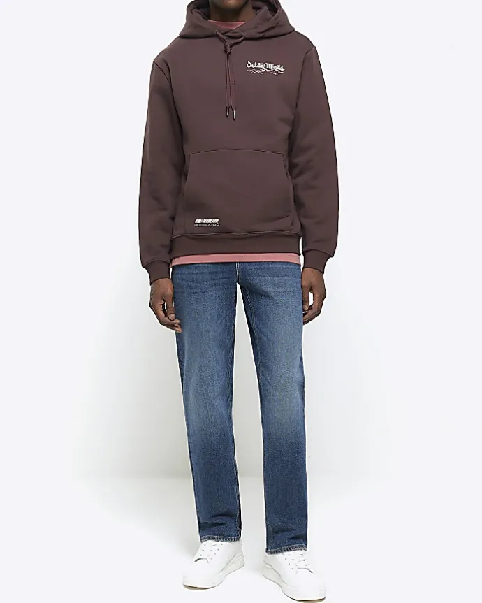 Washed brown regular fit graphic hoodie
