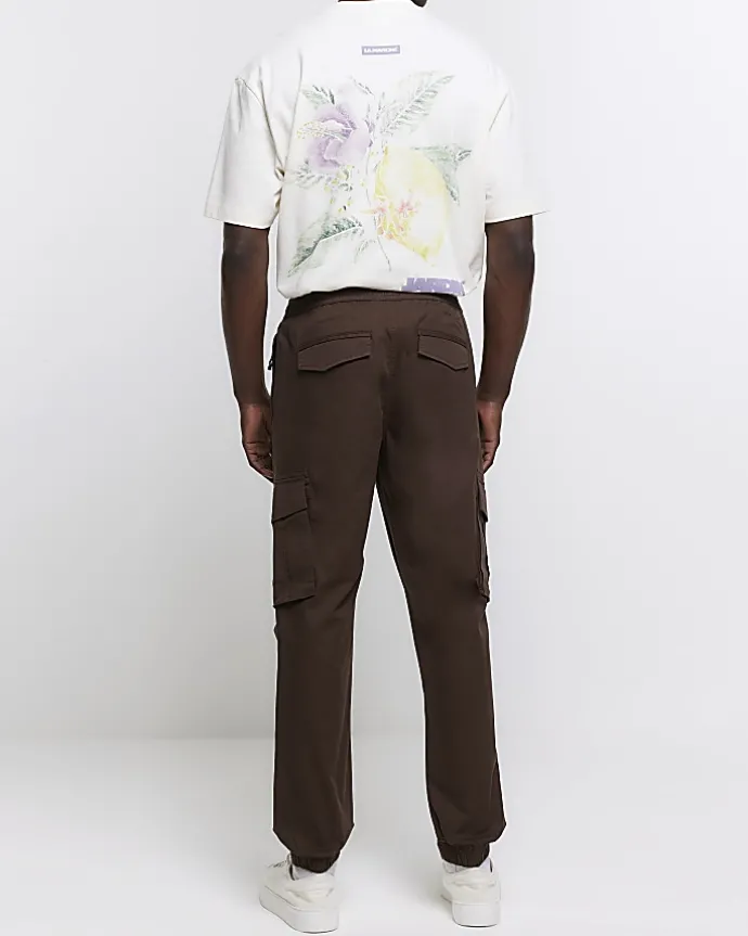 Washed brown slim fit cargo joggers