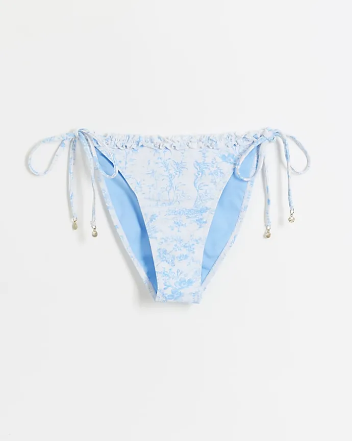 White floral frill tie side bikini bottoms