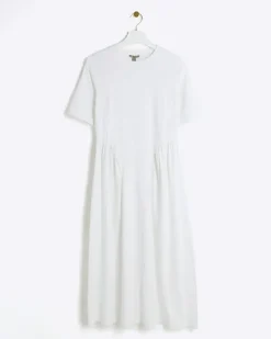 White godet detail t-shirt midi dress