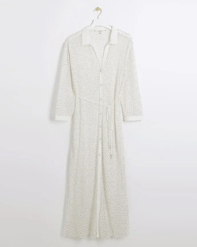White mesh sequin beach maxi shirt dress
