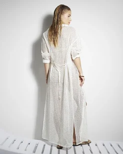 White mesh sequin beach maxi shirt dress