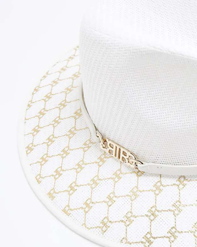 White monogram straw fedora hat
