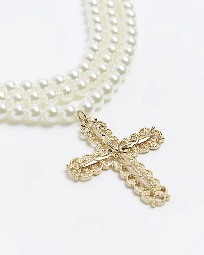 White pearl cross multirow necklace