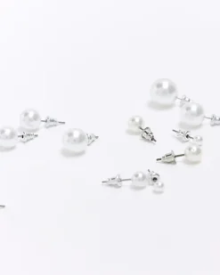 White pearl stud earrings multipack