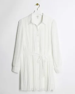 White plisse tie waist mini shirt dress