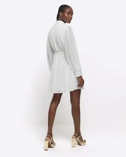 White plisse tie waist mini shirt dress