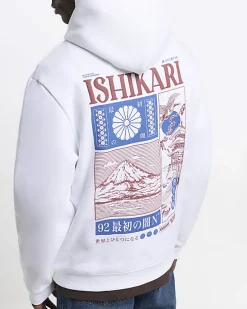White regular fit graphic Japanese hoodie