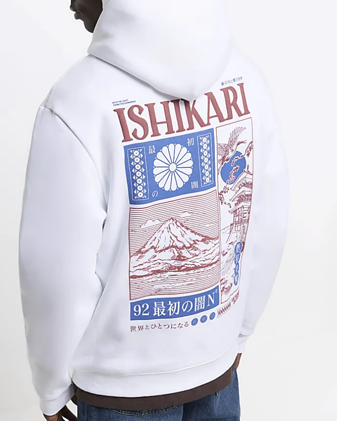 White regular fit graphic Japanese hoodie