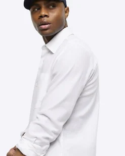 White regular fit linen blend shirt