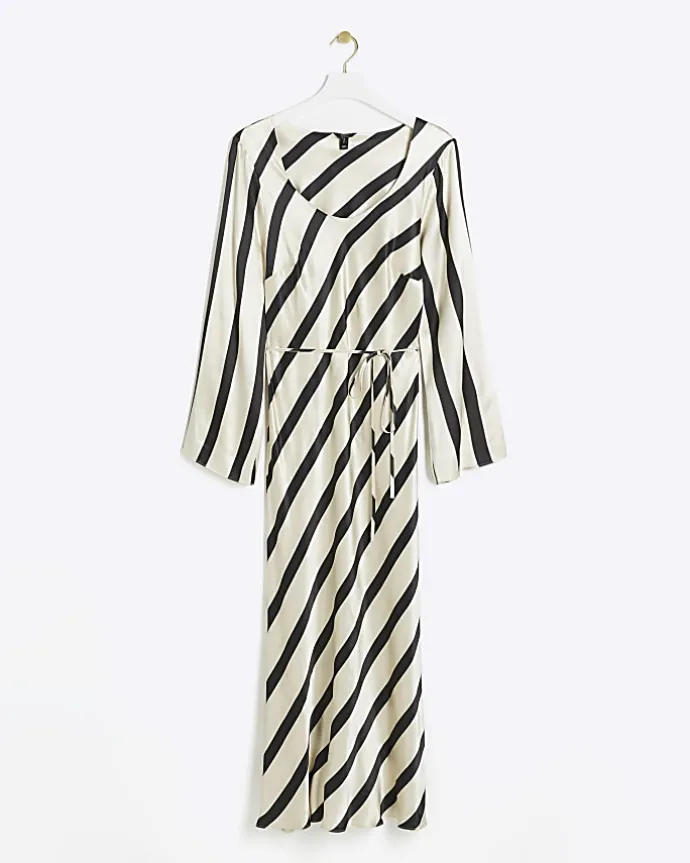 White satin stripe belted slip midi dress