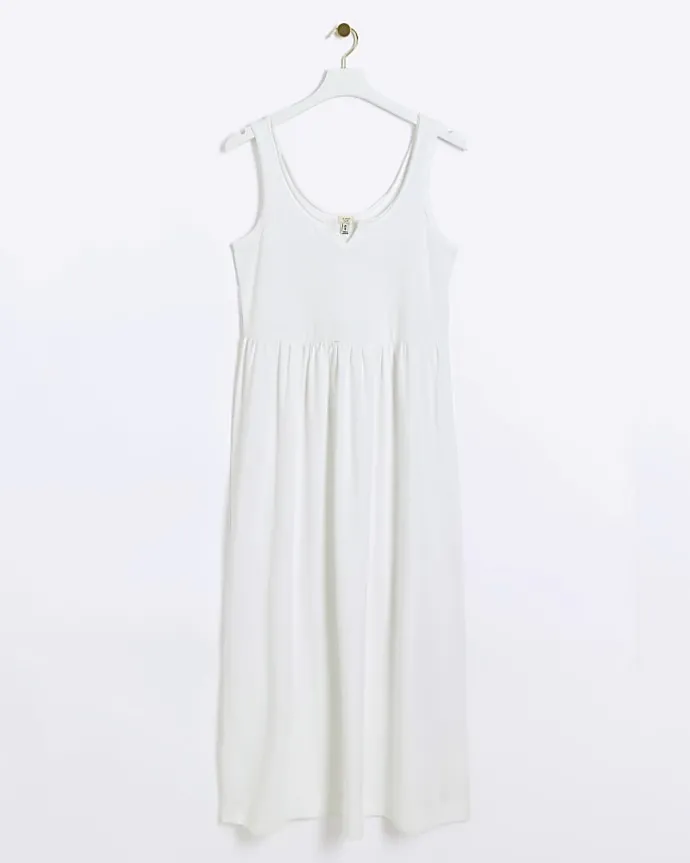 White scoop neck skater midi dress