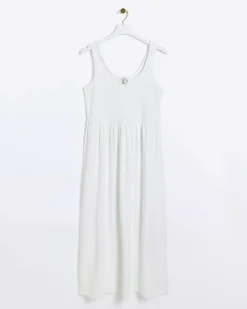 White scoop neck skater midi dress