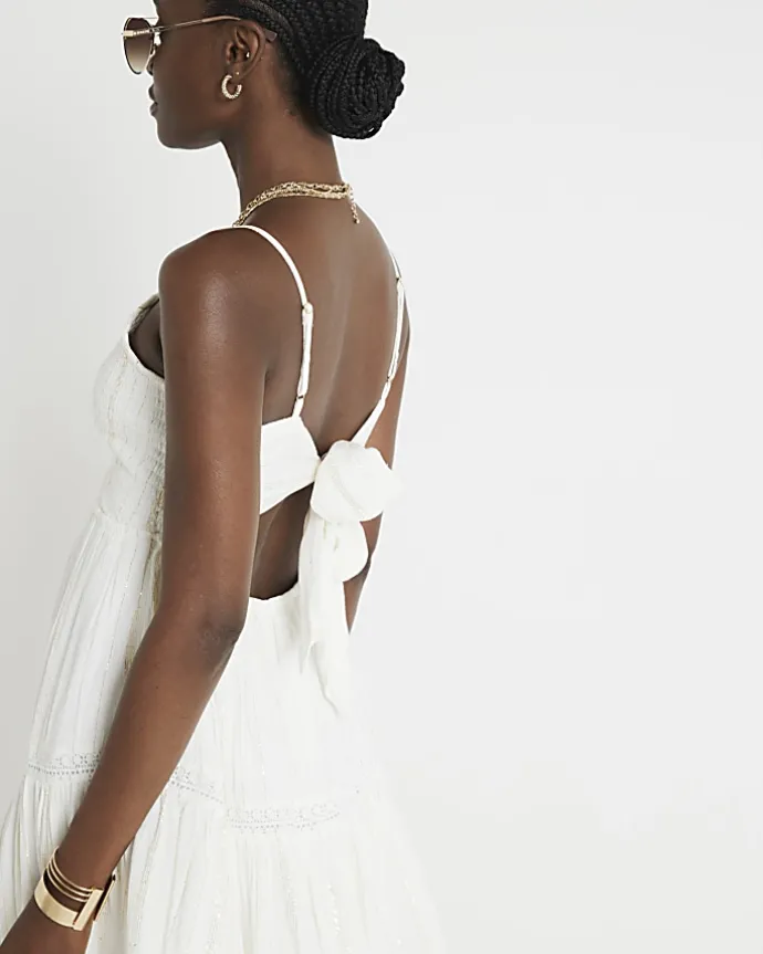 White shirred tiered beach mini dress