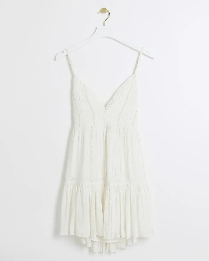 White shirred tiered beach mini dress