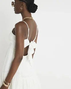 White shirred tiered beach mini dress