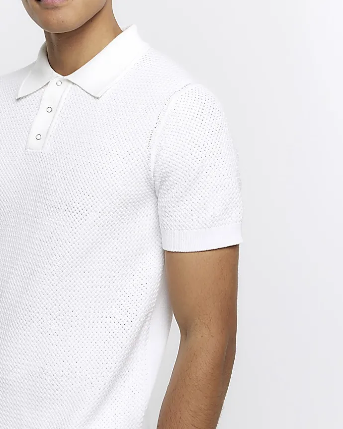 White slim fit textured knit polo
