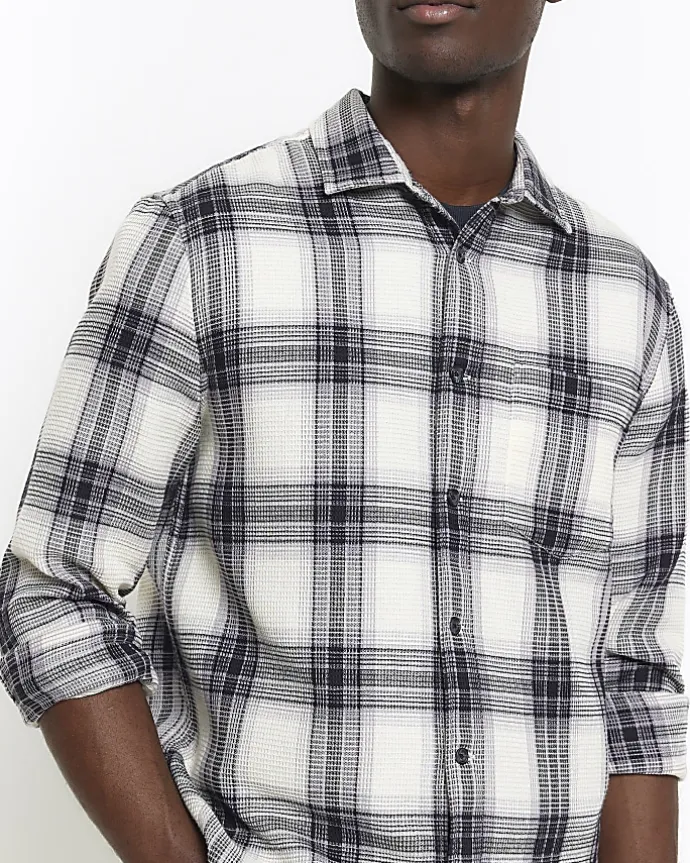 White slim fit waffle textured check shirt