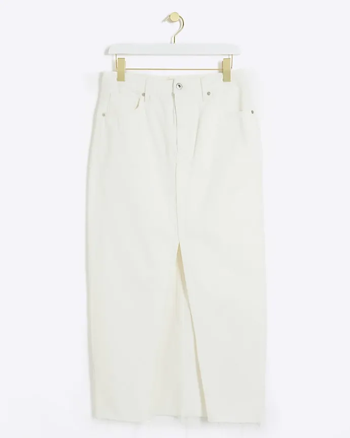 White split hem denim maxi skirt