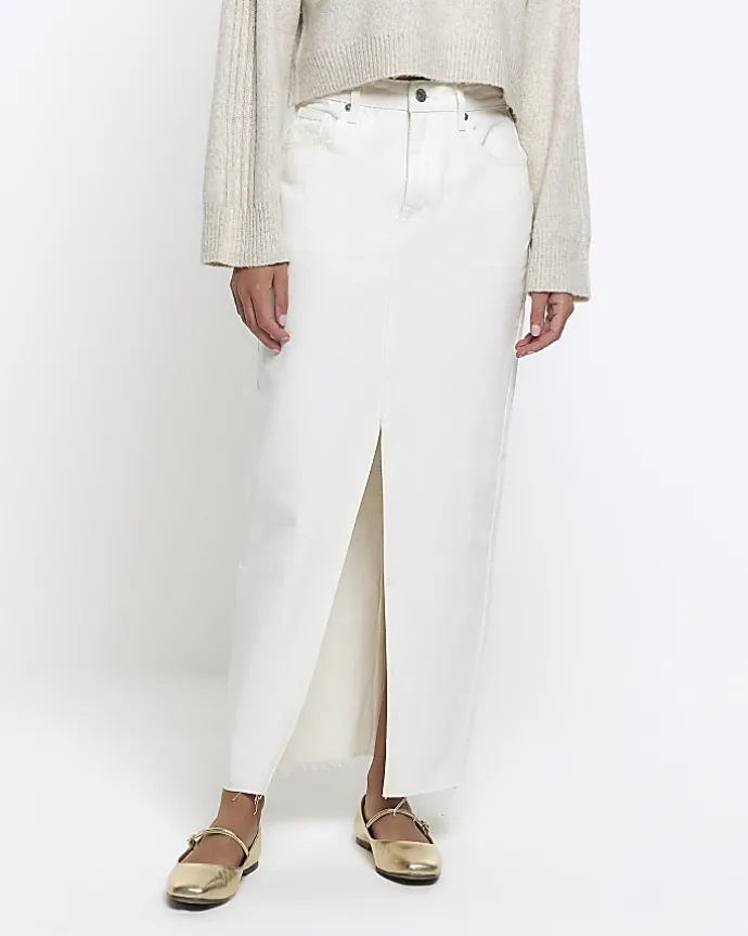 White split hem denim maxi skirt