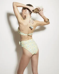 Yellow floral corsage halter bikini top