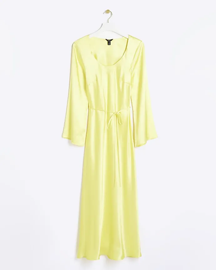 Yellow satin belted slip midi dress