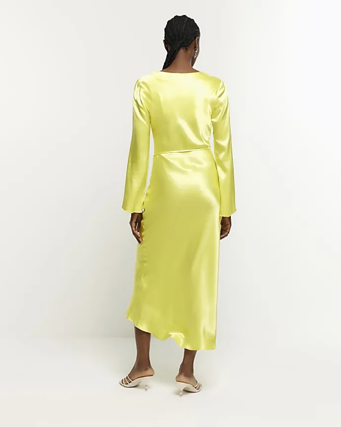 Yellow satin belted slip midi dress