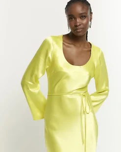 Yellow satin belted slip midi dress