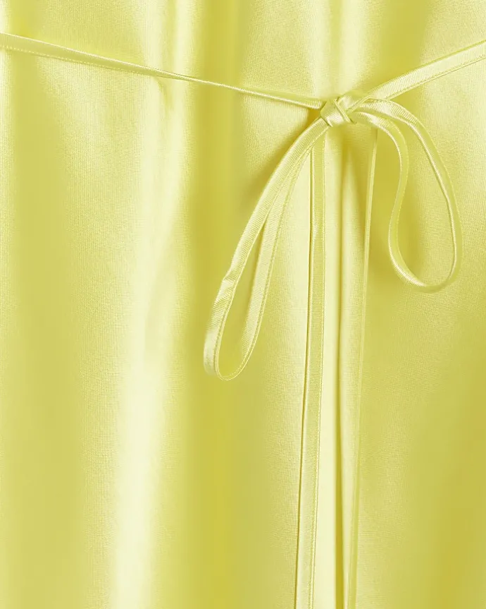 Yellow satin belted slip midi dress