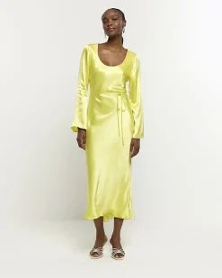 Yellow satin belted slip midi dress