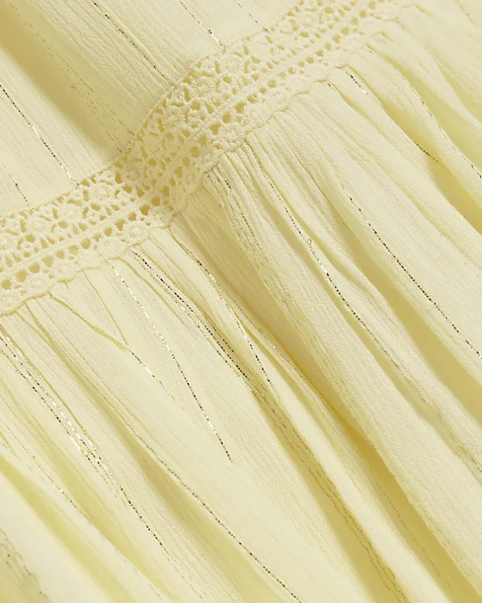 Yellow shirred tiered beach mini dress